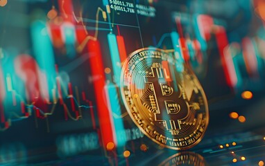 Bitcoins with exchange trading charts overlay. Cryptocurrency and modern blockchain technology. Electronic decentralized money concept. Digital crypto coin. 