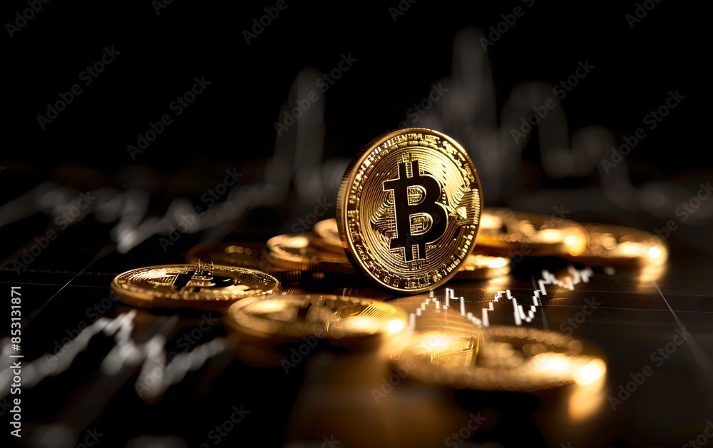Aufkleber bitcoin coin with a background of financial charts. cryptocurrency and modern blockchain technology.