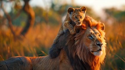 Lion cub on lion in golden light. African lions in natural habitat. © PELK