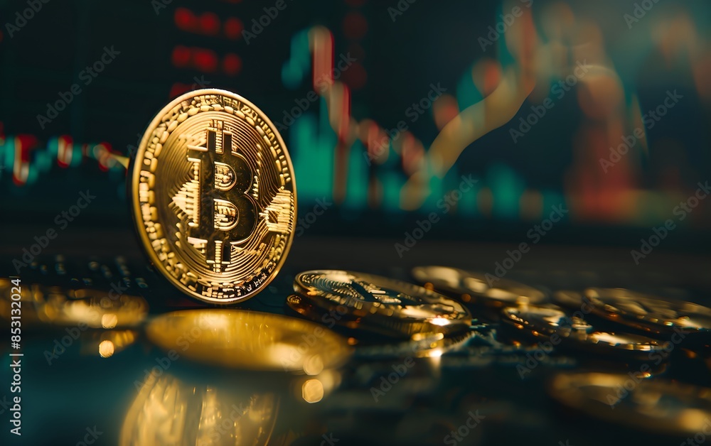 Aufkleber bitcoins with financial charts in the background. cryptocurrency and modern blockchain technology. e