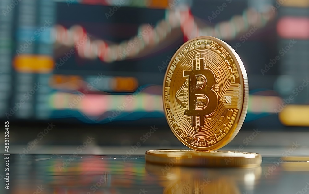 Aufkleber bitcoins with financial charts in the background. cryptocurrency and modern blockchain technology. e