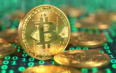 Bitcoins on digital binary code background. Cryptocurrency and modern blockchain technology. Electronic decentralized money concept. Digital crypto coin