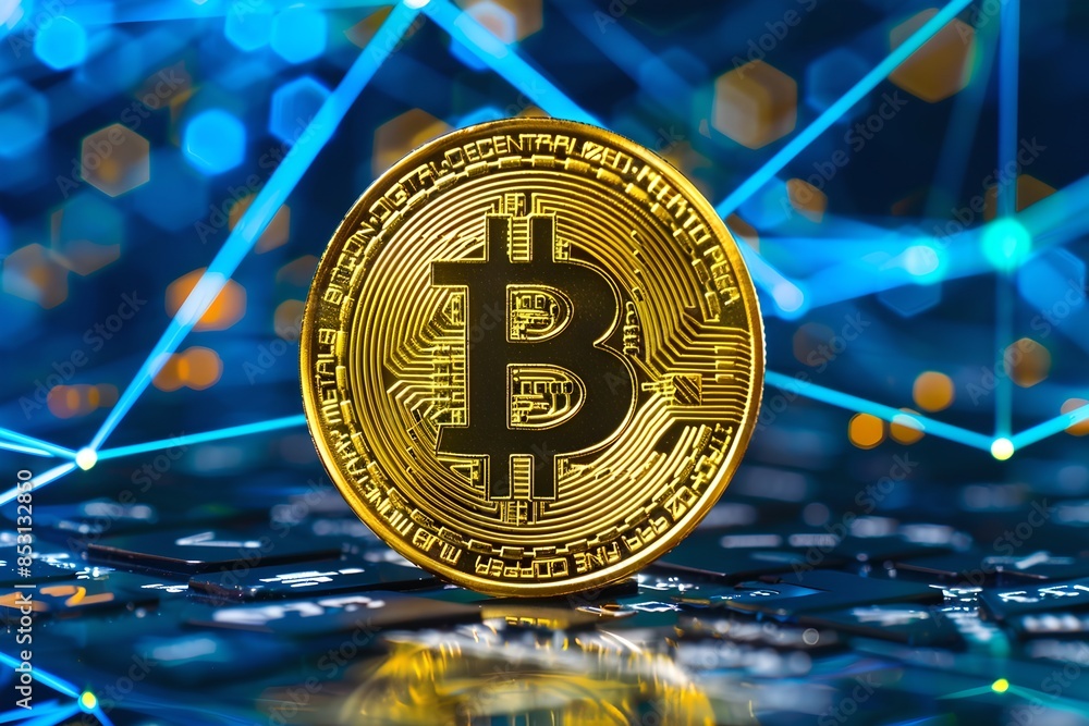 Aufkleber close-up of bitcoin on a digital network background. cryptocurrency and modern blockchain technology