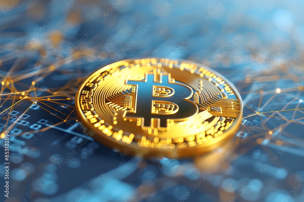 Aufkleber close-up of bitcoin on a digital network background. cryptocurrency and modern blockchain technology