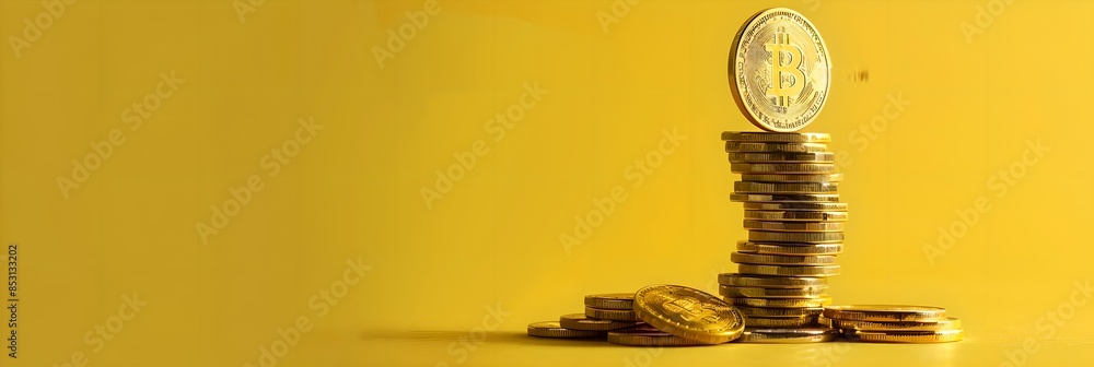 Aufkleber stack of bitcoins isolated on yellow background. cryptocurrency and modern blockchain technology. el