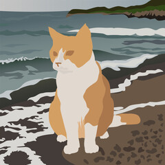 A red cat with a white belly is sitting on the seashore. Waves are rising on the sea. The illustration is made mainly in cold colors. The painting conveys harmony, peace, and pleasure.