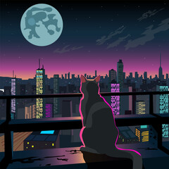 A gray cat sits against the moon and the city. Cyberpunk style. There are neon colors. The painting conveys beauty, admiration, tranquility, and technological progress.