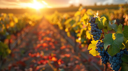 Close-up of red grapes hanging from a vine in a vineyard at sunset. Generated by AI.
