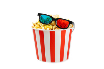 Tasty popcorn in buckets and cold cola drinks with cinema tickets, movie clapper and 3D eyeglasses...