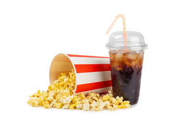 Tasty popcorn in buckets and cold cola drinks with cinema tickets, movie clapper and 3D eyeglasses...