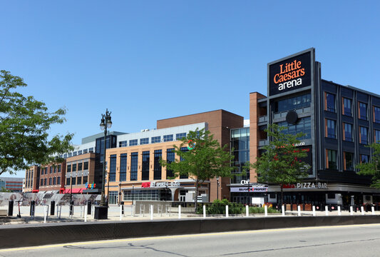 Detroit, Michigan, USA - June 11, 2024: The exterior of Little Caesars Arena. Little Caesars Arena is a multi-purpose arena in Midtown Detroit.