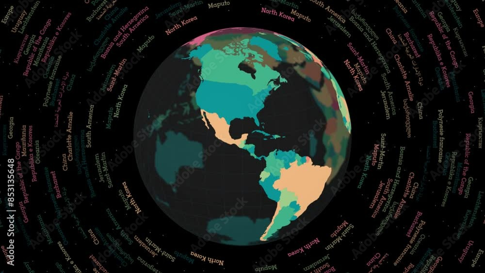 Poster rotating globe. dark translucent globe with round geographical names text. appealing spinning planet
