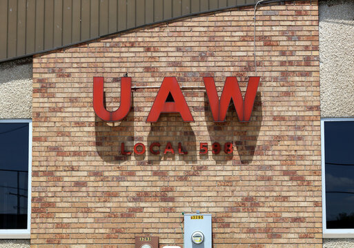 Flint, Michigan, USA - June 11, 2024: A sign in front of the UAW Local 598. The United Auto Workers is an American labor union that represents workers in the United States and southern Ontario, Canada