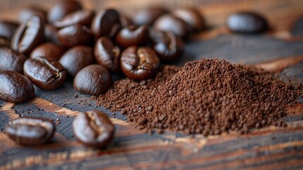 roasted coffee beans and a bunch of ground natural coffee, grain and ground coffee. Generative Ai