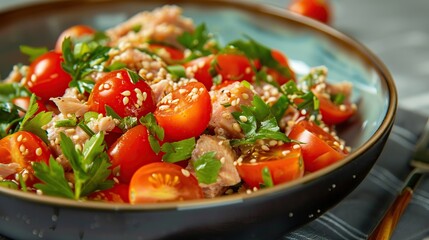 Salad from canned tuna with tomatoes and Brot. Generative Ai