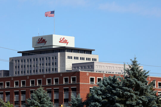 Indianapolis, Indiana, USA - June 13, 2024: The exterior of the Eli Lilly and Company headquarters. Eli Lilly and Company is an American pharmaceutical company.