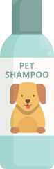Plastic bottle of pet shampoo showing a happy dog is standing on white background