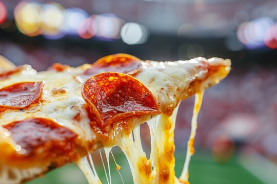 Close-Up of Pizza Slice with Blurred Football Stadium Background