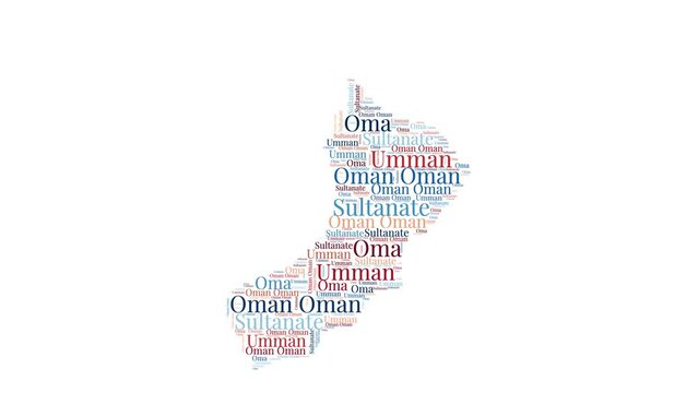 Oman shape word cloud animation. Country boundary filled with country names animated. Oman presentation video.