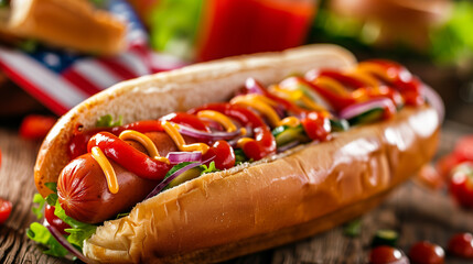 National Hot Dog Day.Tasty hot dog with American flag on table