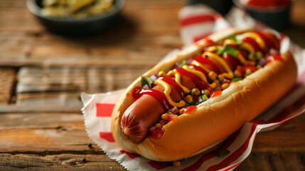 Delicious hot dog on the table. Copy space.