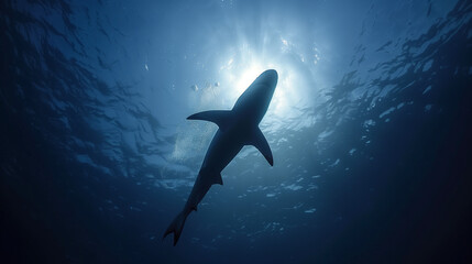 Shark Awareness Day.Shark in the deep blue sea. Hawaii underwater shark.