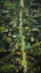 Fototapeta premium Aerial view of an ancient ruin hidden within dense green jungle, showcasing nature's reclaim over human civilization.