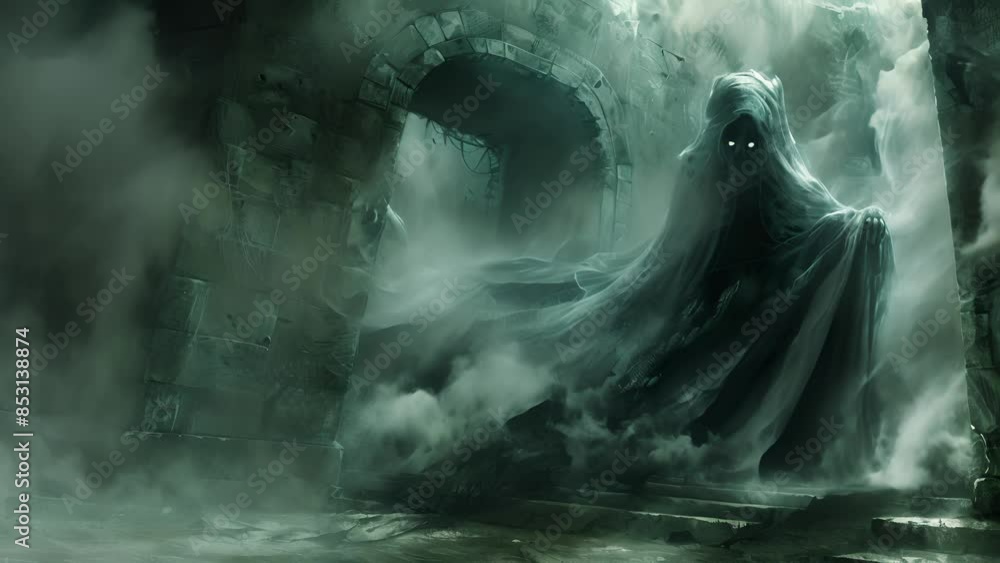 Poster wispy mist swirls and coalesces into the form of a ghastly apparition crawling out of an ancient tom