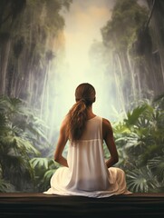 Serene woman sitting in white dress, facing misty forest surrounded by lush green foliage, serene moment of nature connection and reflection.