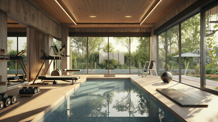 Gym with spa swimming pool in interior modern house. Serene partial contemporary style