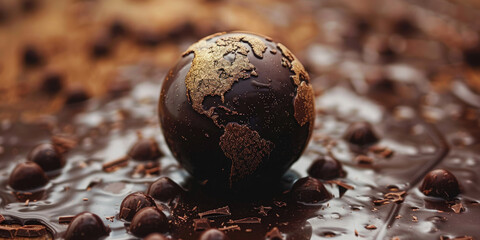 July 7th is World Chocolate Day. Chocolate globe on a chocolate background. Greeting card or banner concept. Banner.