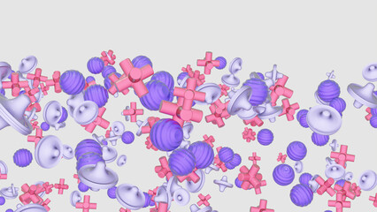 A horizontal composition of 3D-rendered shapes against a white background, leaving a small blank space at the top.