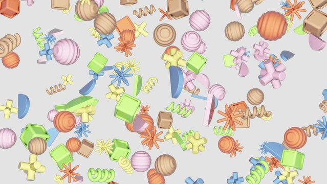 A horizontal video of basic 3D shapes floating throughout the frame against a light background.
