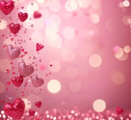 A pink background with sparkling lights and red hearts flying in the air, creating an atmosphere of love for Valentine's Day celebration