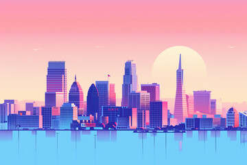 Obraz premium Risograph print travel poster illustration of Sacramento, modern, isolated, clear, simple. Artistic, stylistic, screen printing, stencil, stencilled, digital duplication. Banner, background, wallpaper