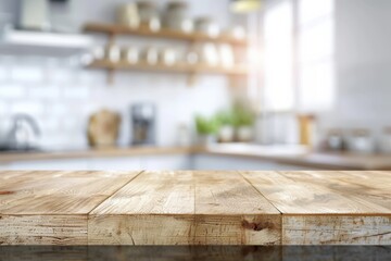 Wooden Counter n Blurred Kitchen Background
