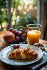 French breakfast: coffee, croissant, jam and juice against the backdrop of a fuzzy kitchen