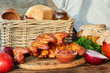 Smoked meat chicken wings lie on a wooden table surrounded by red sauce, vegetables and other products. Meat production