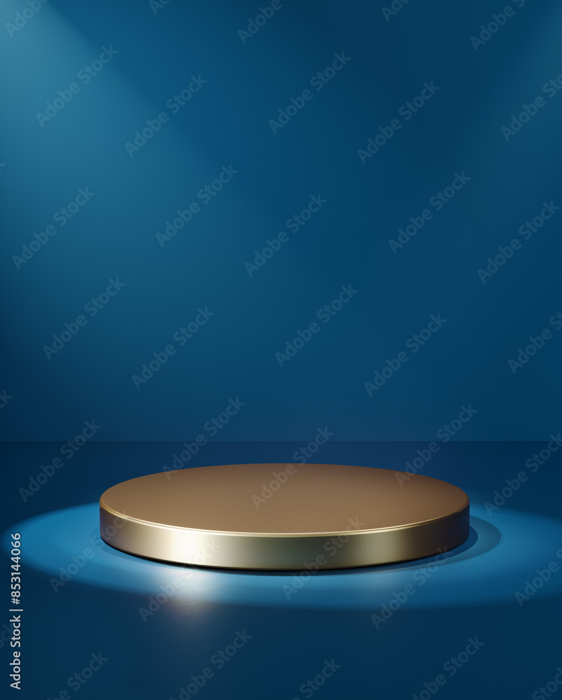 Poster golden round podium in blue surroundings. 3d computer graphic template of displaying place for your 