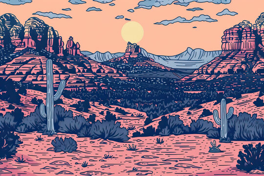 Risograph print travel poster illustration of Sedona, Arizona, modern, isolated, clear and simple. Artistic, stylistic, screen printing, stencil, stencilled, digital duplication	