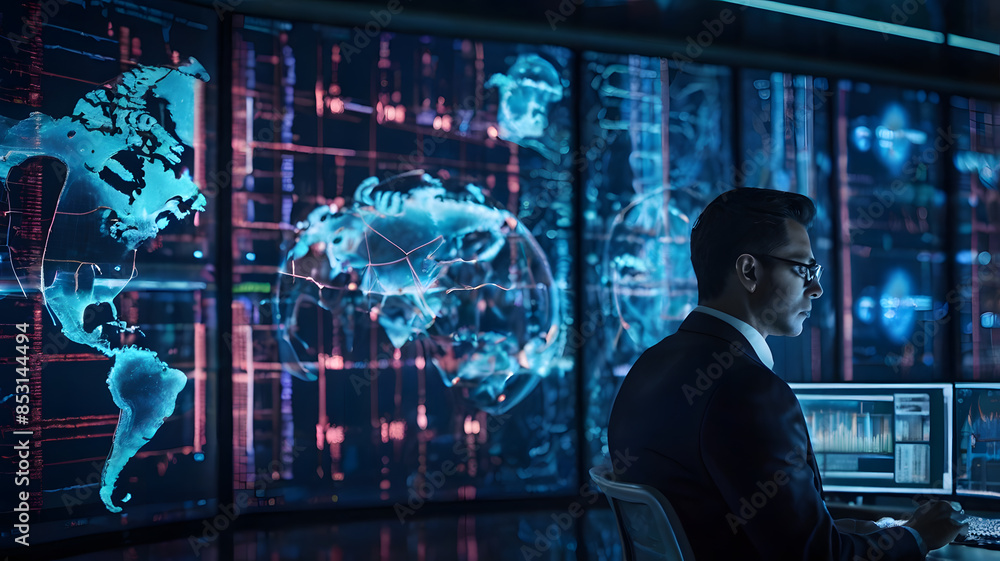 Poster man monitors 3d holographic global maps in a high-tech control room.