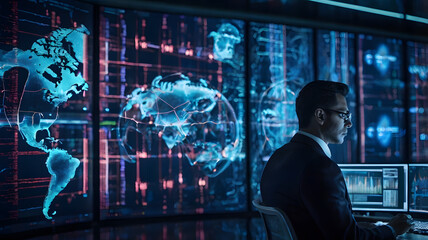 Man monitors 3D holographic global maps in a high-tech control room.