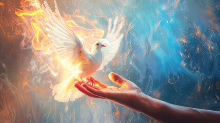 A beautiful white dove lands on a woman's hand. A symbol of purity, goodness and peace.