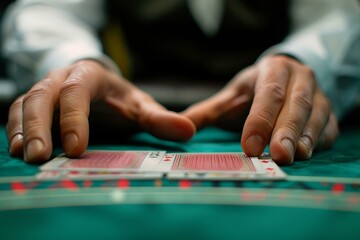 Naklejka premium Casino dealer handling playing cards at green felt table close-up, gambling concept for commercial use