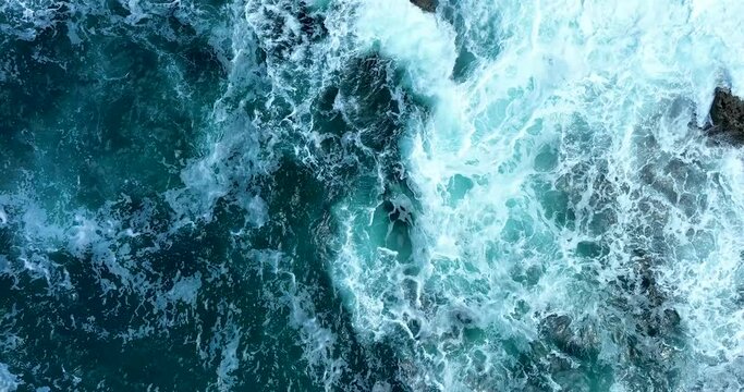 Atlantic ocean water. Sea waves. Top view. Cinematic drone flight