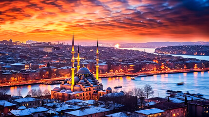 A city with a large building in the middle and a river running through it.