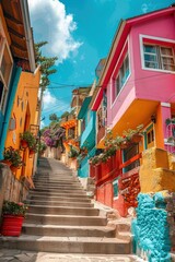 Fototapeta premium A set of stairs leading up between colorful buildings in a barrio residential neighborhood