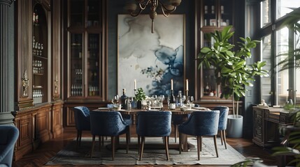 Elegant dining room with large windows and modern decor, featuring a wooden table, blue upholstered chairs, and a chandelier. Natural light fills the space, highlighting the contemporary artwork 