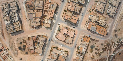 Fototapeta premium aerial view of a social housing complex in a semi desert context with streets and cars
