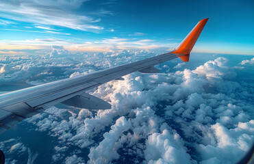Obraz premium A plane is flying through the sky with clouds below. The sky is blue and clear, and the plane is the only object visible in the image